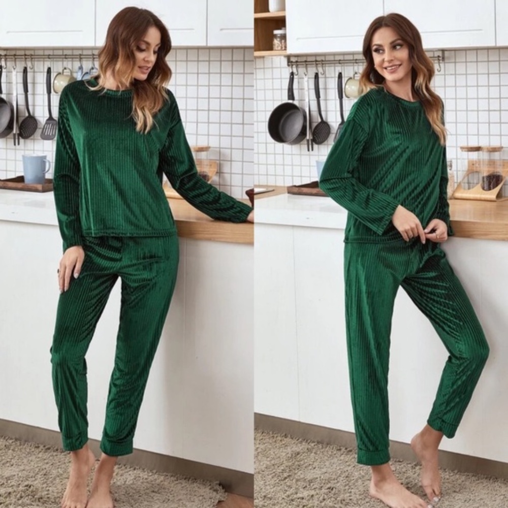 velvet ribbed long sleeve top lounge set BLUE - Picture 7 of 8